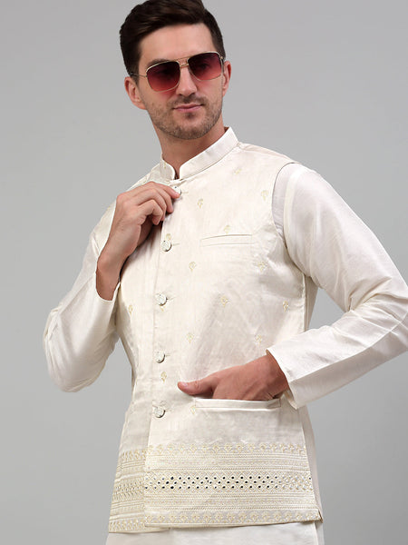 Jompers Men's Embroidered Nehru Jacket - White