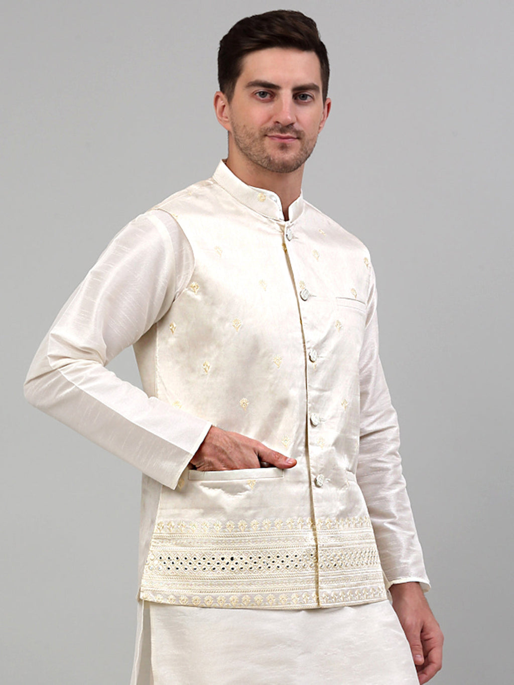 Jompers Men's Embroidered Nehru Jacket - White
