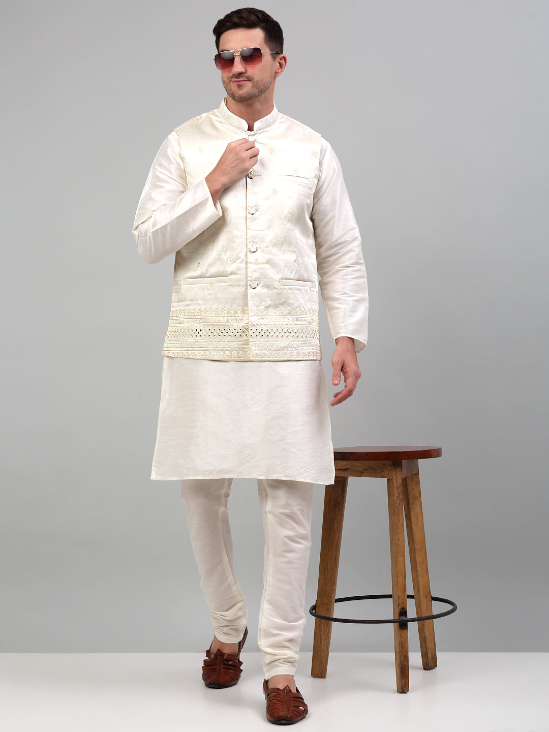 Jompers Men's Embroidered Nehru Jacket - White