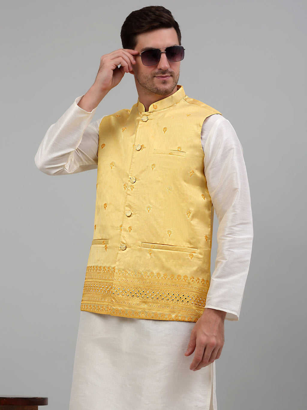 Jompers Men's Embroidered Nehru Jacket - Yellow