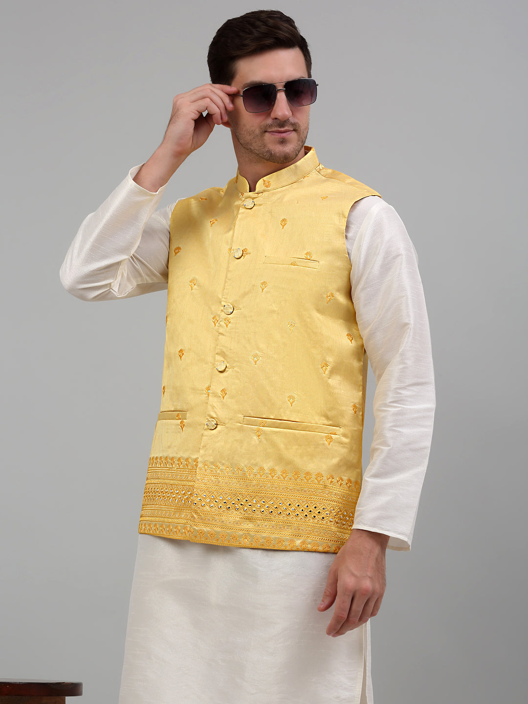 Jompers Men's Embroidered Nehru Jacket - Yellow