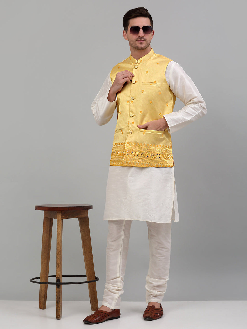 Jompers Men's Embroidered Nehru Jacket - Yellow
