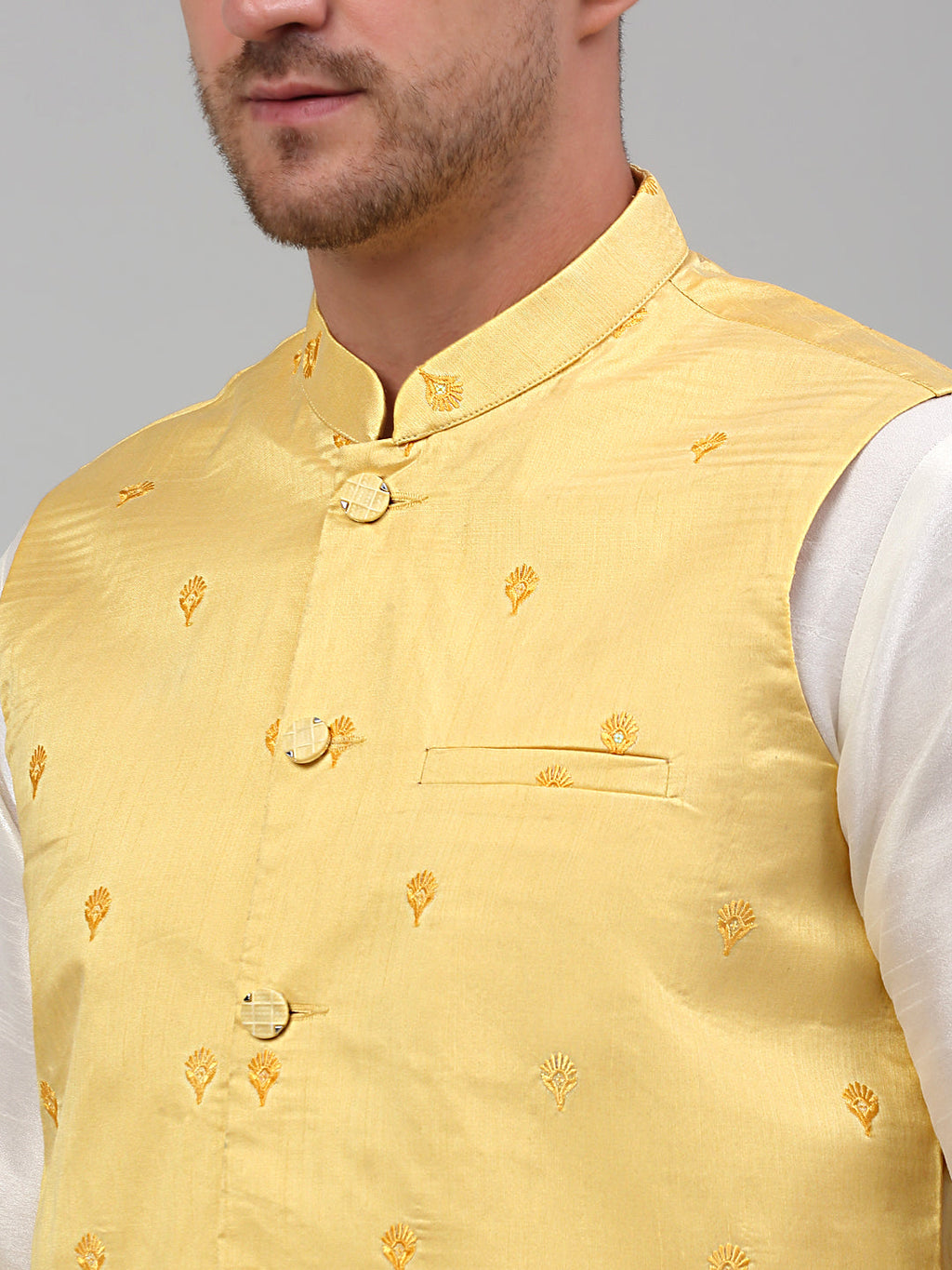Jompers Men's Embroidered Nehru Jacket - Yellow