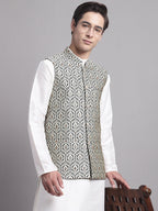 Jompers Men's Black and Silver Woven Design Nehru Jacket