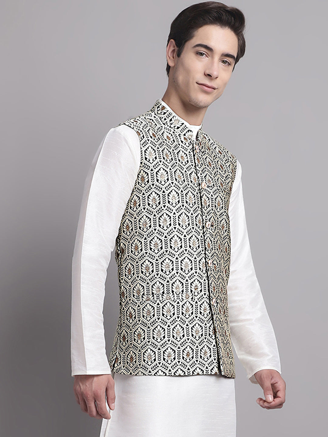Jompers Men's Black and Silver Woven Design Nehru Jacket