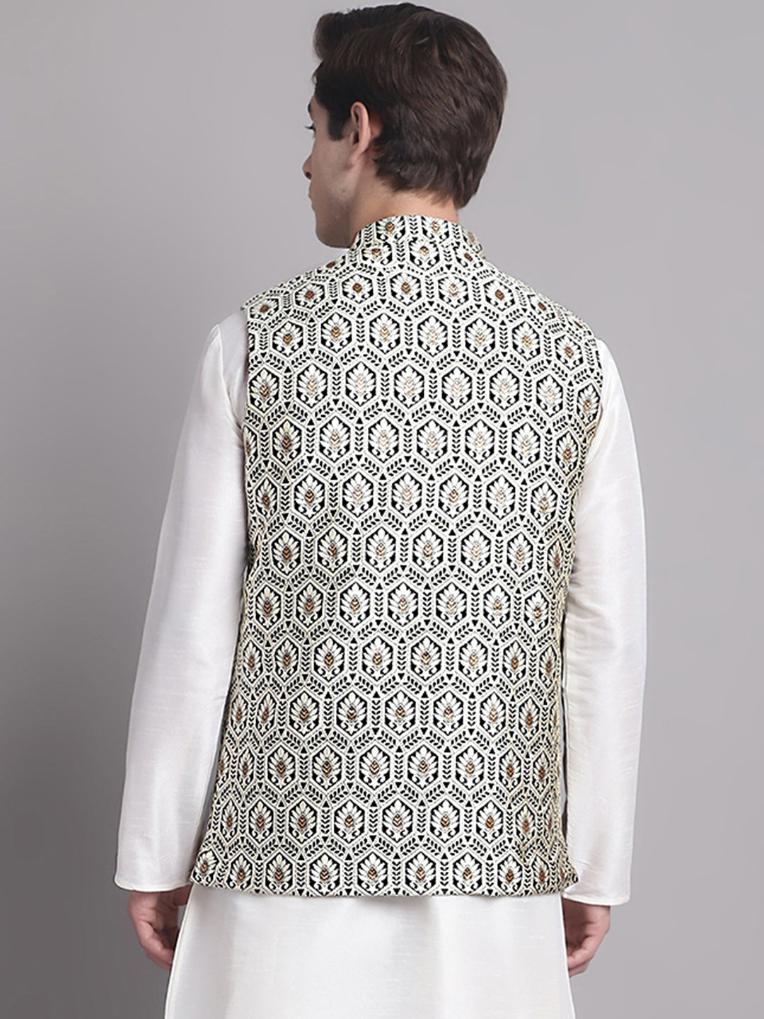 Jompers Men's Black and Silver Woven Design Nehru Jacket