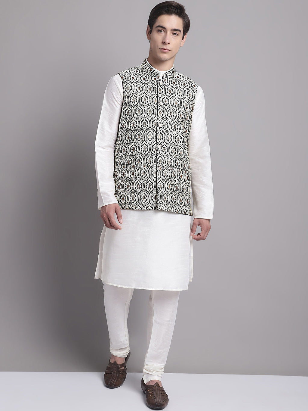 Jompers Men's Black and Silver Woven Design Nehru Jacket
