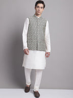 Jompers Men's Black and Silver Woven Design Nehru Jacket