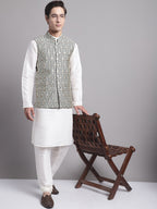Jompers Men's Black and Silver Woven Design Nehru Jacket