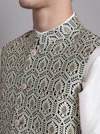 Jompers Men's Black and Silver Woven Design Nehru Jacket