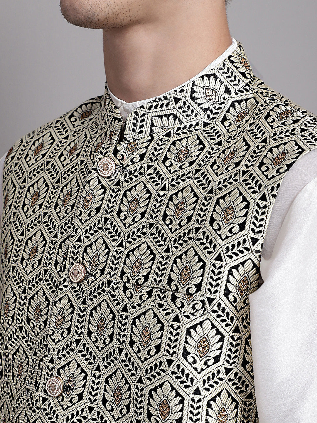 Jompers Men's Black and Silver Woven Design Nehru Jacket