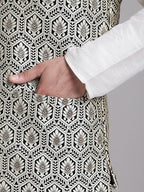 Jompers Men's Black and Silver Woven Design Nehru Jacket
