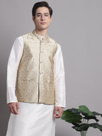 Jompers Men's Cream Woven Design Nehru Jacket