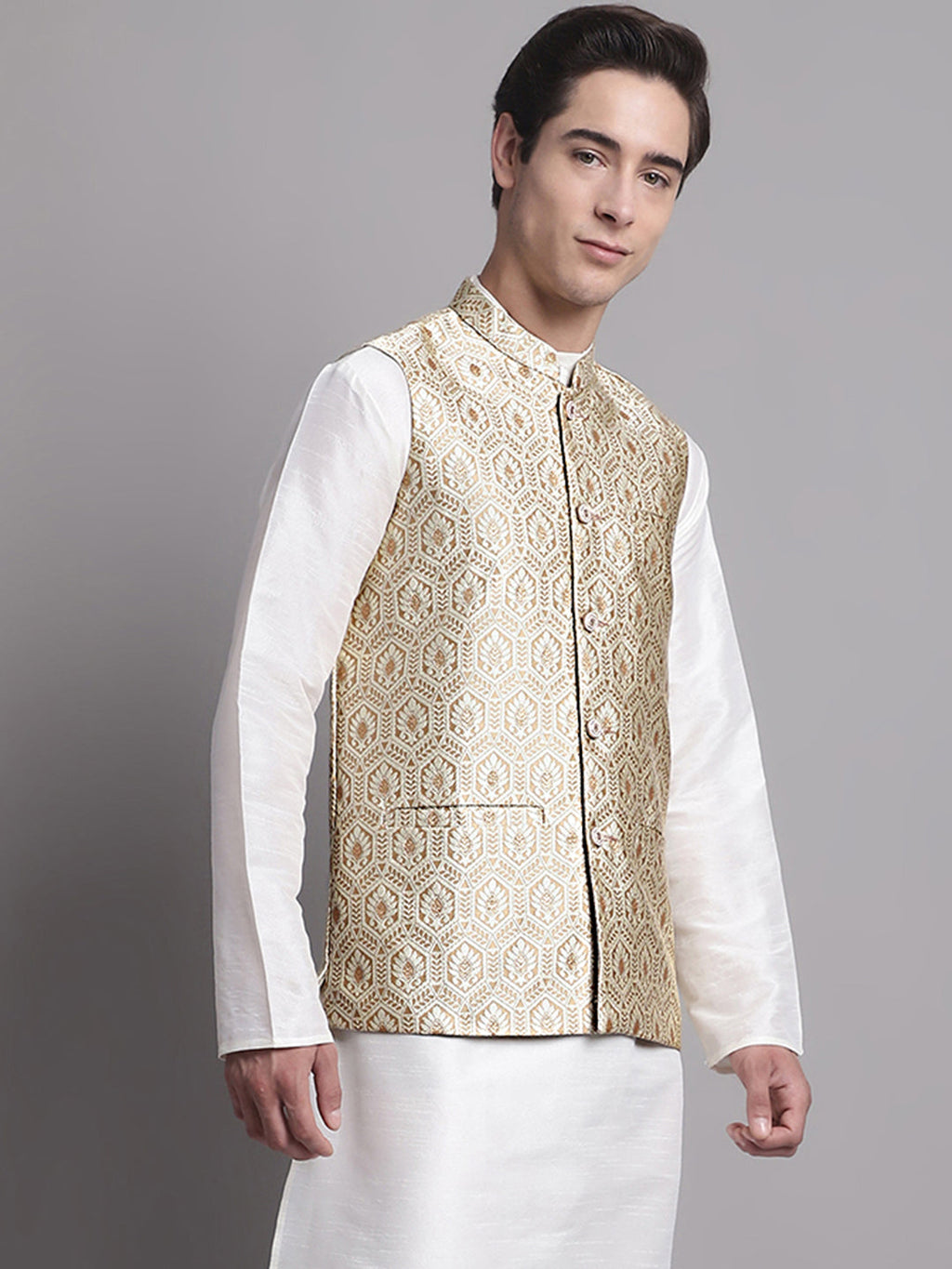 Jompers Men's Cream Woven Design Nehru Jacket