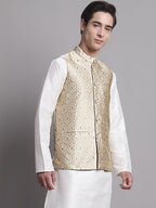 Jompers Men's Cream Woven Design Nehru Jacket