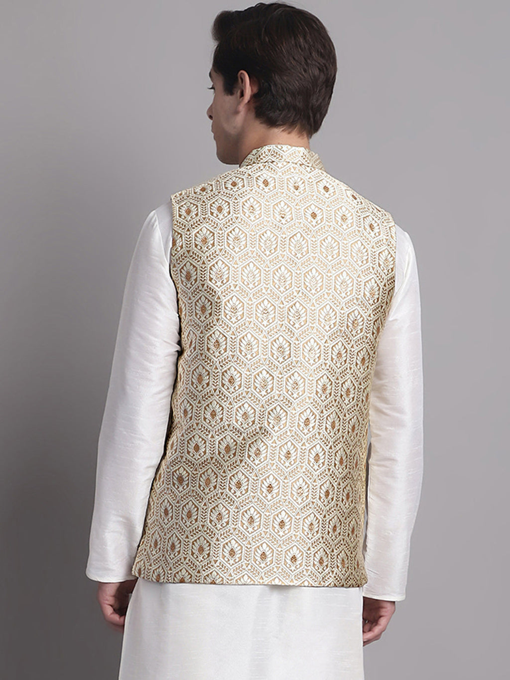 Jompers Men's Cream Woven Design Nehru Jacket
