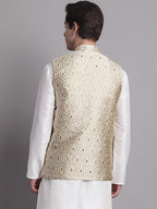 Jompers Men's Cream Woven Design Nehru Jacket