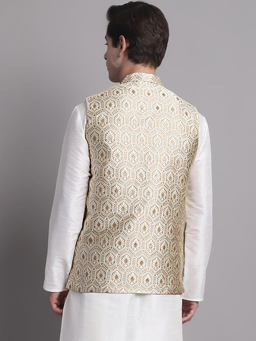 Jompers Men's Cream Woven Design Nehru Jacket