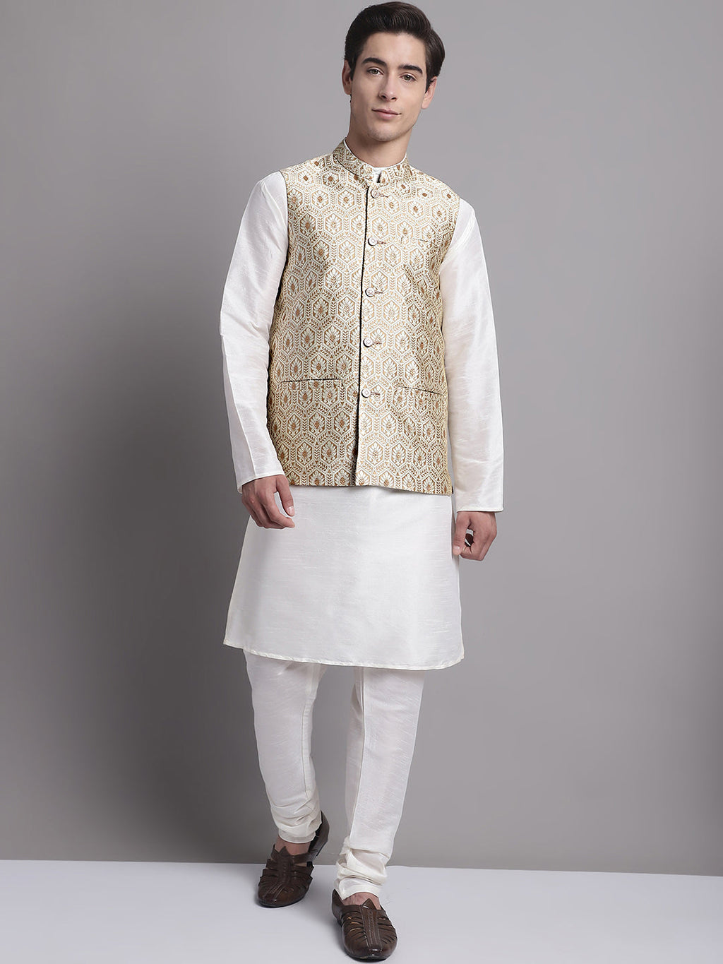 Jompers Men's Cream Woven Design Nehru Jacket
