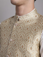 Jompers Men's Cream Woven Design Nehru Jacket