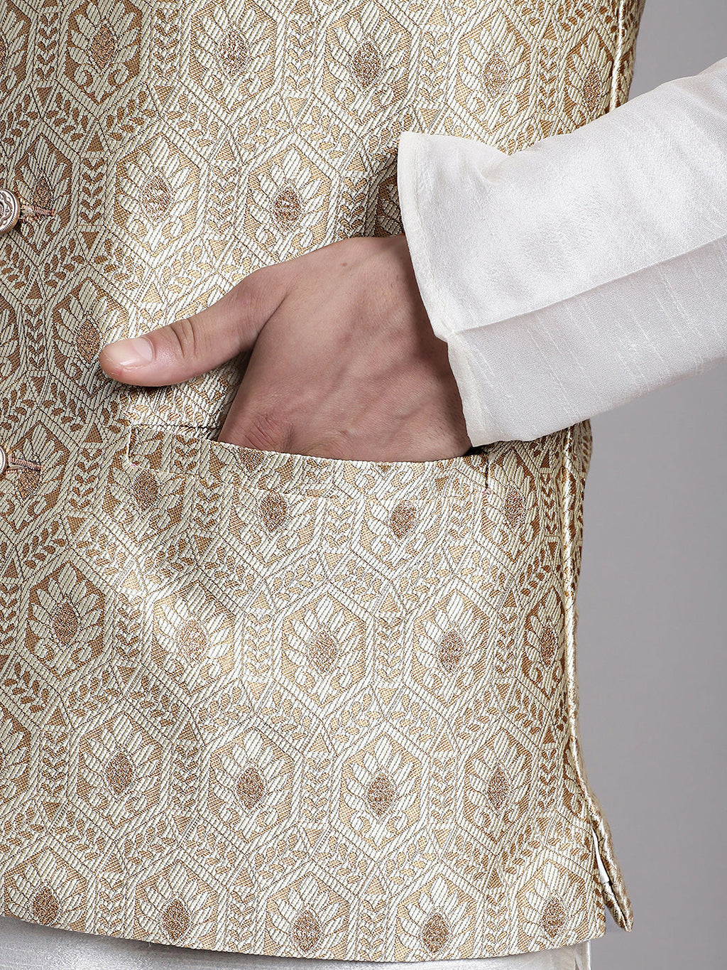 Jompers Men's Cream Woven Design Nehru Jacket