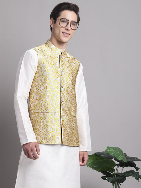Jompers Men's Golden Woven Design Nehru Jacket