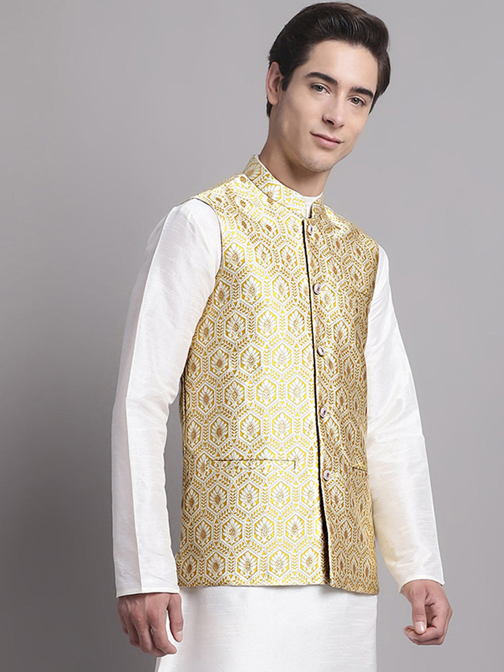 Jompers Men's Golden Woven Design Nehru Jacket