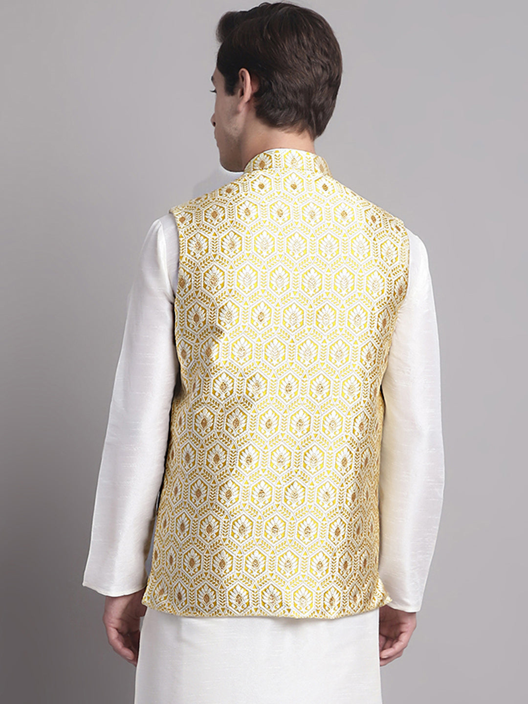Jompers Men's Golden Woven Design Nehru Jacket