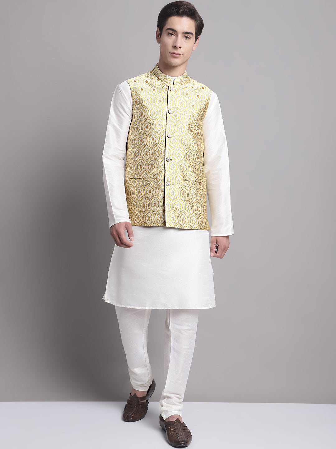 Jompers Men's Golden Woven Design Nehru Jacket