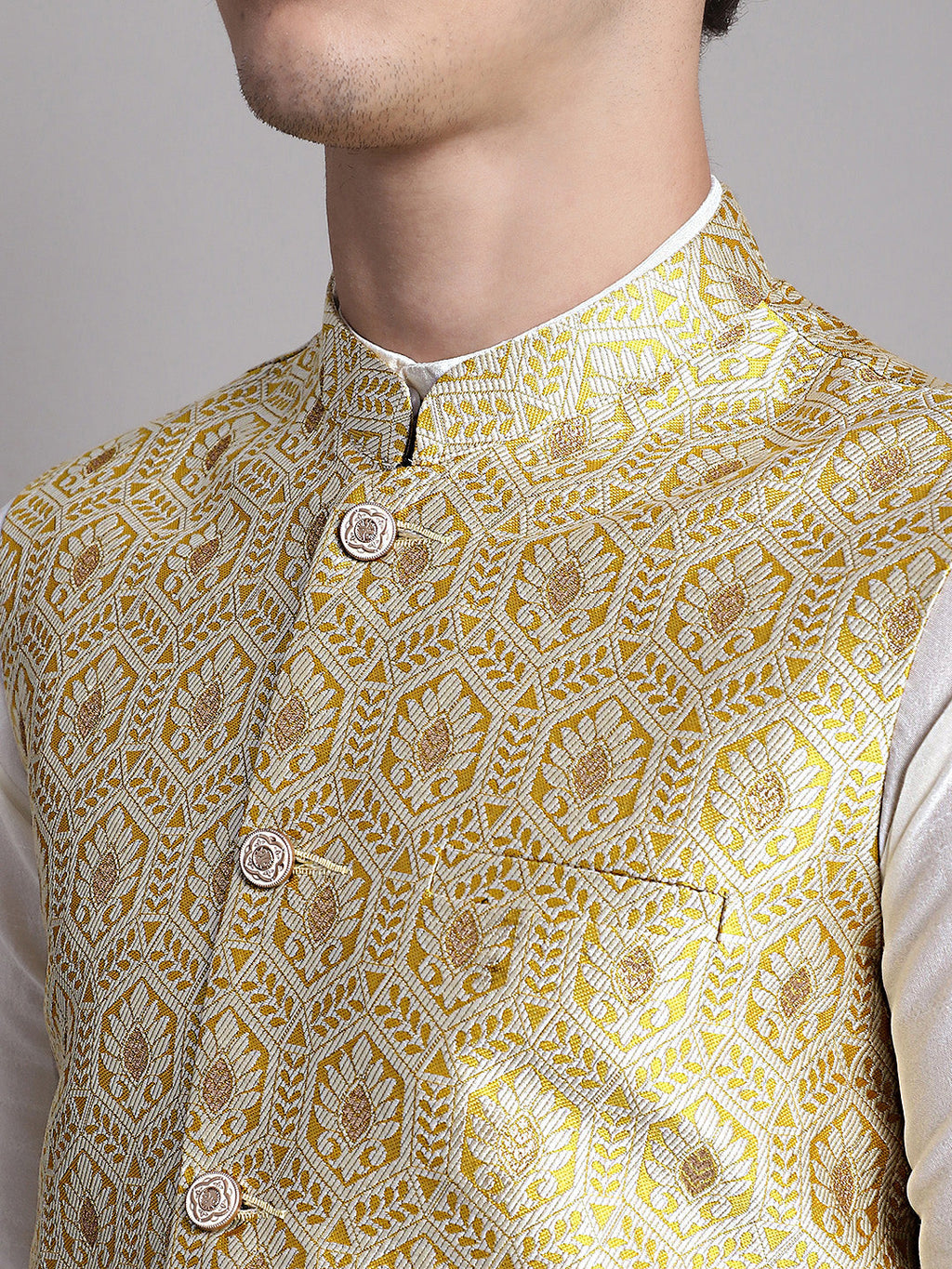 Jompers Men's Golden Woven Design Nehru Jacket