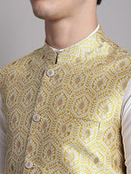 Jompers Men's Golden Woven Design Nehru Jacket