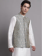 Jompers Men's Navy Blue and Silver Woven Design Nehru Jacket