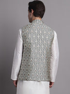 Jompers Men's Navy Blue and Silver Woven Design Nehru Jacket