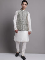 Jompers Men's Navy Blue and Silver Woven Design Nehru Jacket