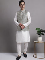 Jompers Men's Navy Blue and Silver Woven Design Nehru Jacket