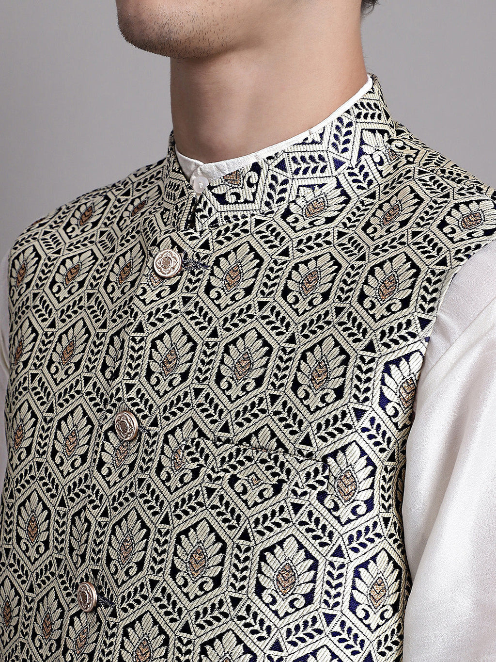 Jompers Men's Navy Blue and Silver Woven Design Nehru Jacket