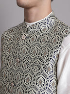 Jompers Men's Navy Blue and Silver Woven Design Nehru Jacket