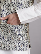 Jompers Men's Navy Blue and Silver Woven Design Nehru Jacket