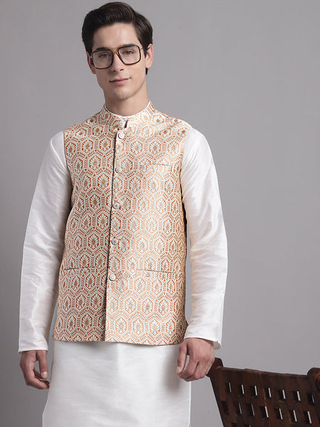 Jompers Men's Peach and Golden Woven Design Nehru Jacket