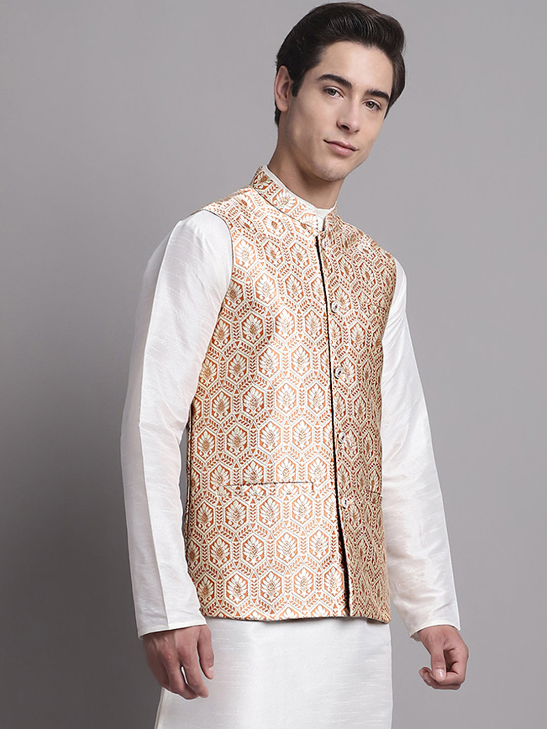 Jompers Men's Peach and Golden Woven Design Nehru Jacket
