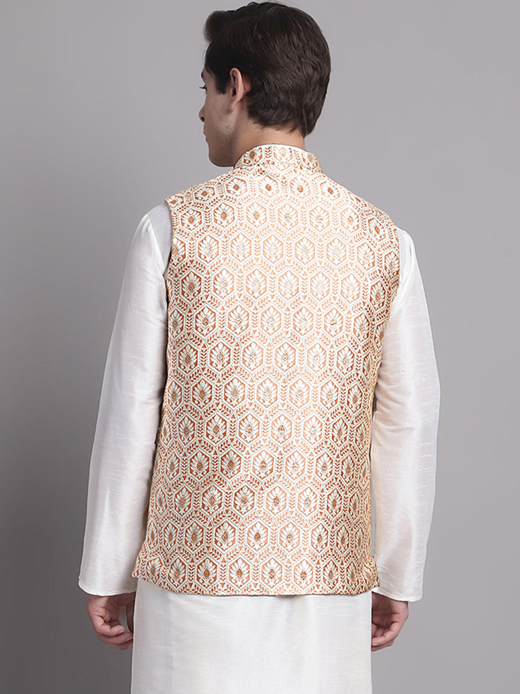 Jompers Men's Peach and Golden Woven Design Nehru Jacket