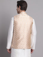 Jompers Men's Peach and Golden Woven Design Nehru Jacket