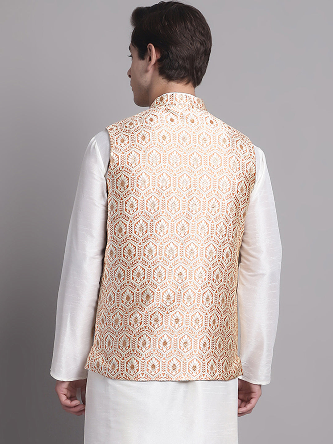 Jompers Men's Peach and Golden Woven Design Nehru Jacket