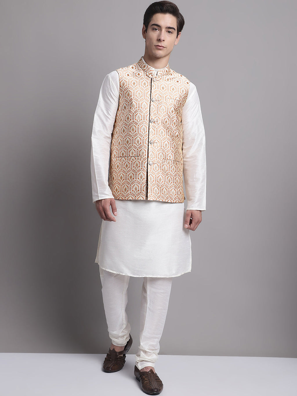 Jompers Men's Peach and Golden Woven Design Nehru Jacket