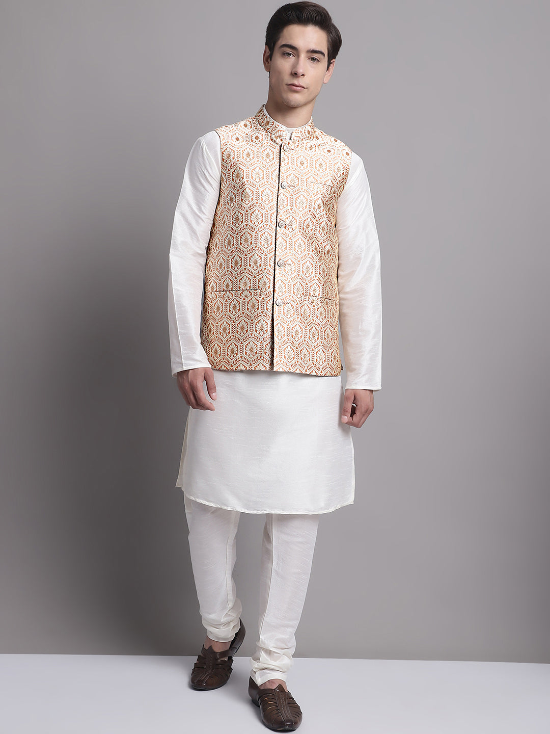 Jompers Men's Peach and Golden Woven Design Nehru Jacket