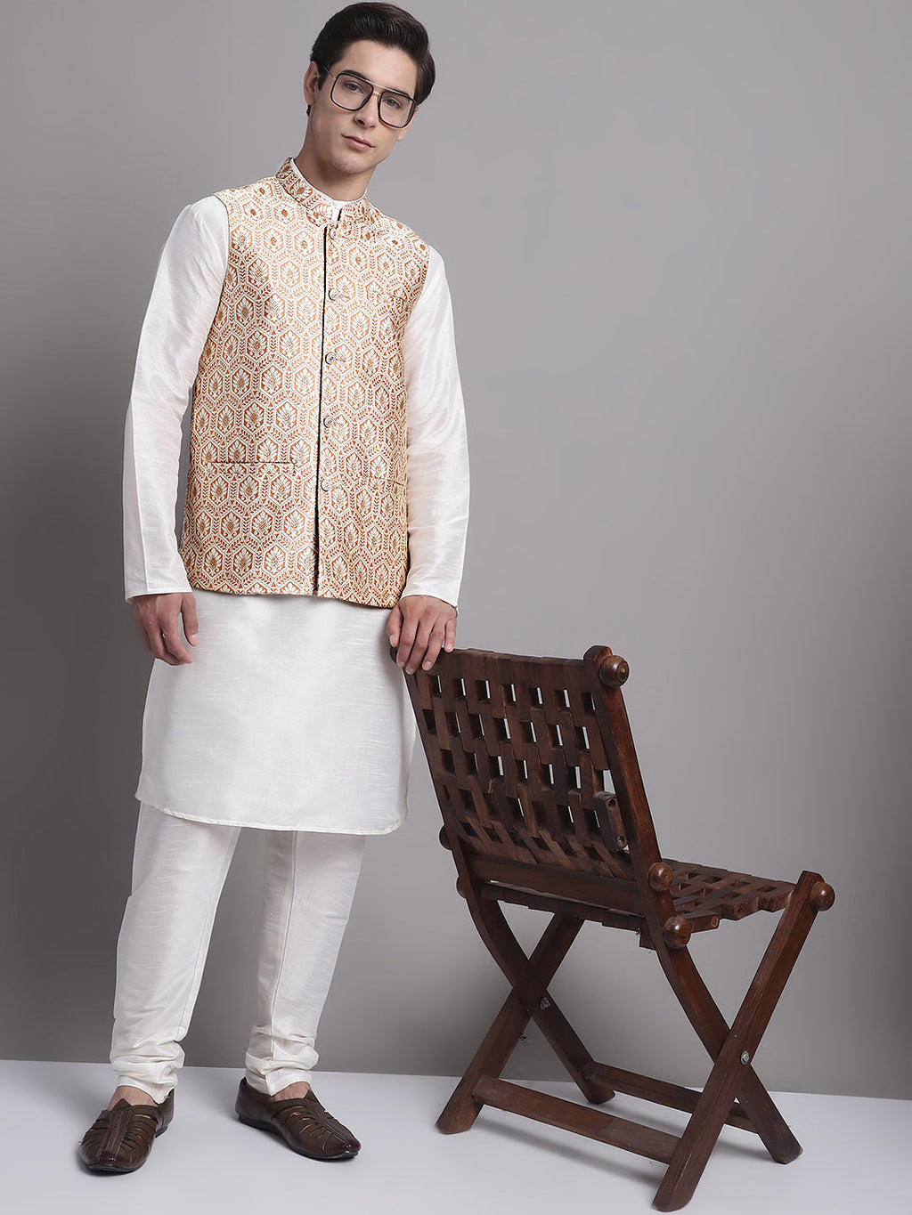 Jompers Men's Peach and Golden Woven Design Nehru Jacket