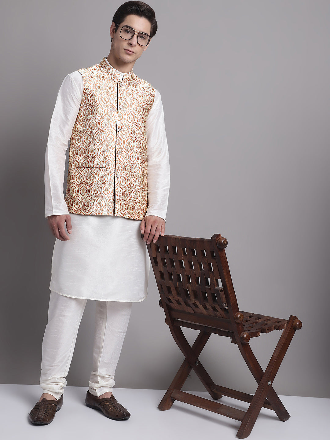 Jompers Men's Peach and Golden Woven Design Nehru Jacket