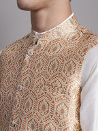 Jompers Men's Peach and Golden Woven Design Nehru Jacket