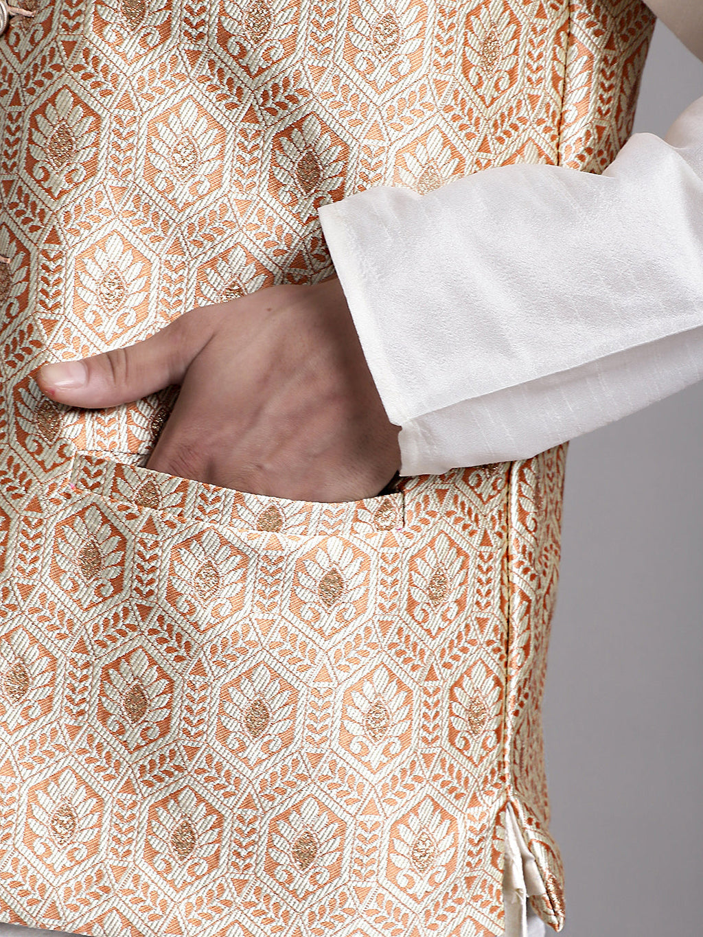 Jompers Men's Peach and Golden Woven Design Nehru Jacket