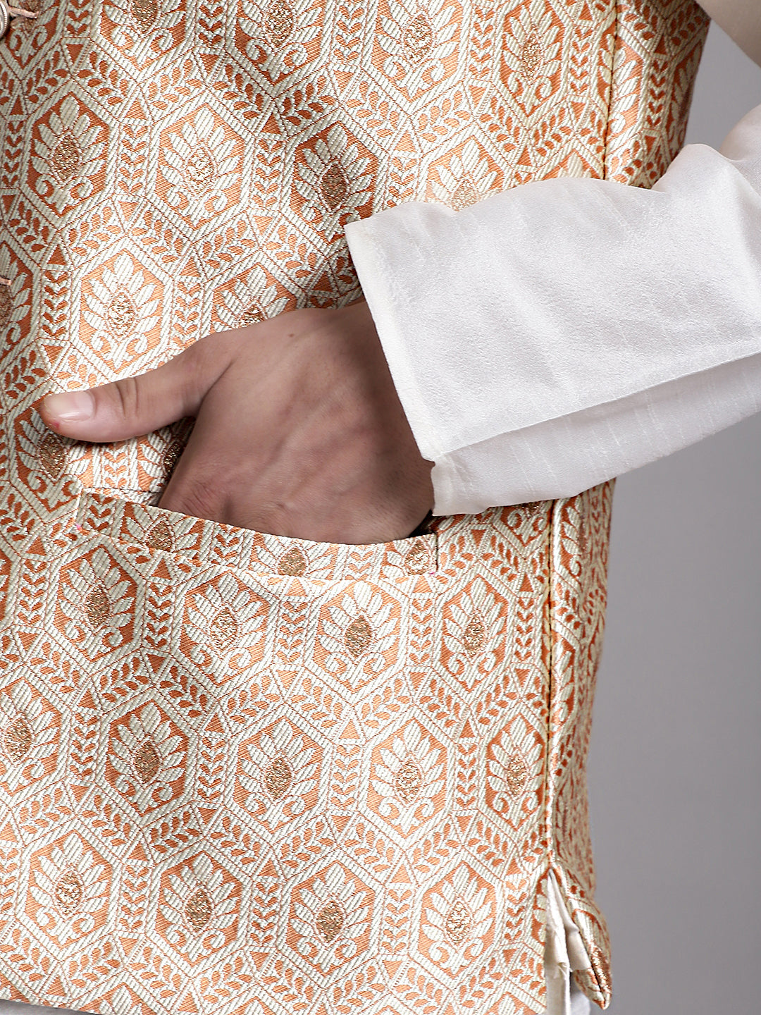 Jompers Men's Peach and Golden Woven Design Nehru Jacket